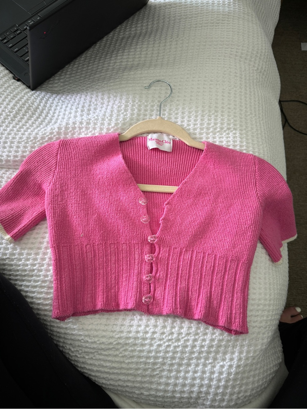 Maison Cleo Cropped Pink Knit Cardigan